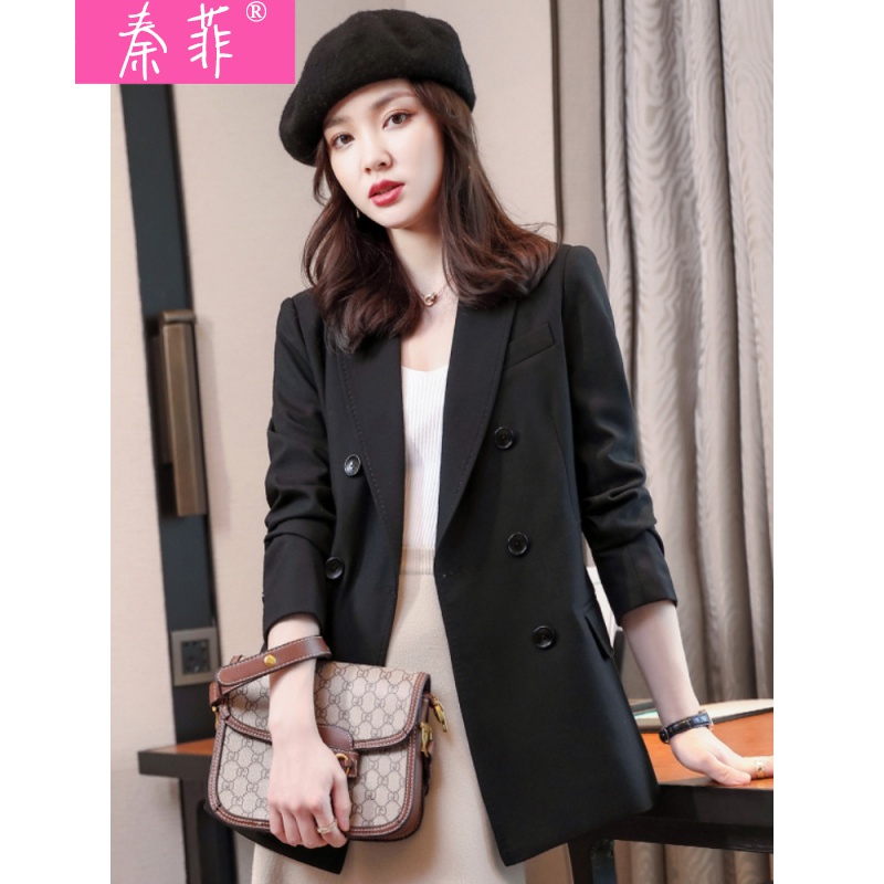 秦菲 休闲黑色西装外套女春秋2021新款今年流行网红气质职业设计感