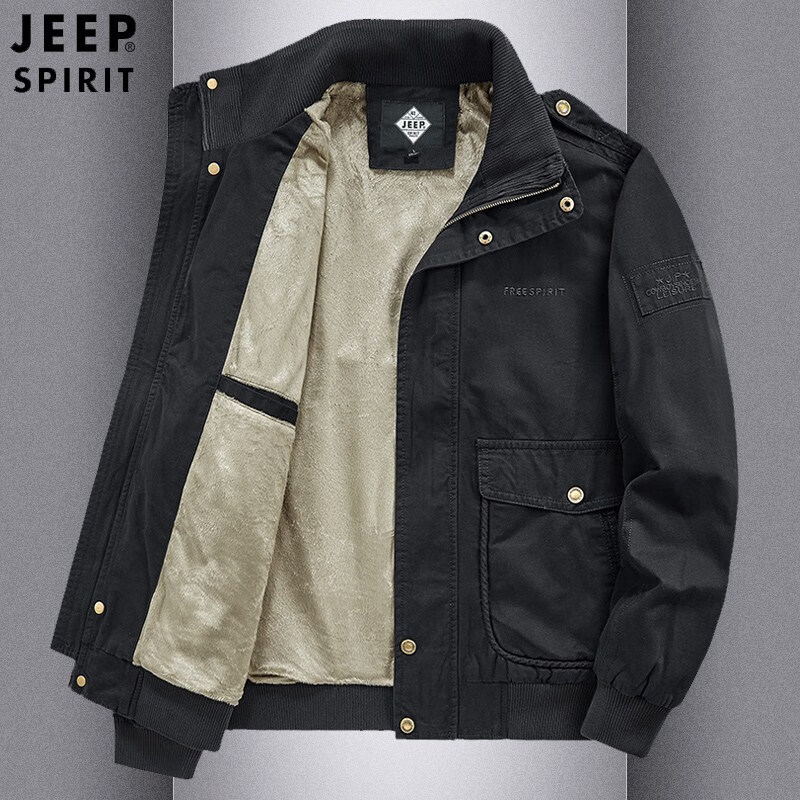 吉普（JEEP）純棉春秋款男士夾克多口袋大碼中年美式復(fù)古工裝軍旅外套 黑色(加薄絨) 2231A 4XL