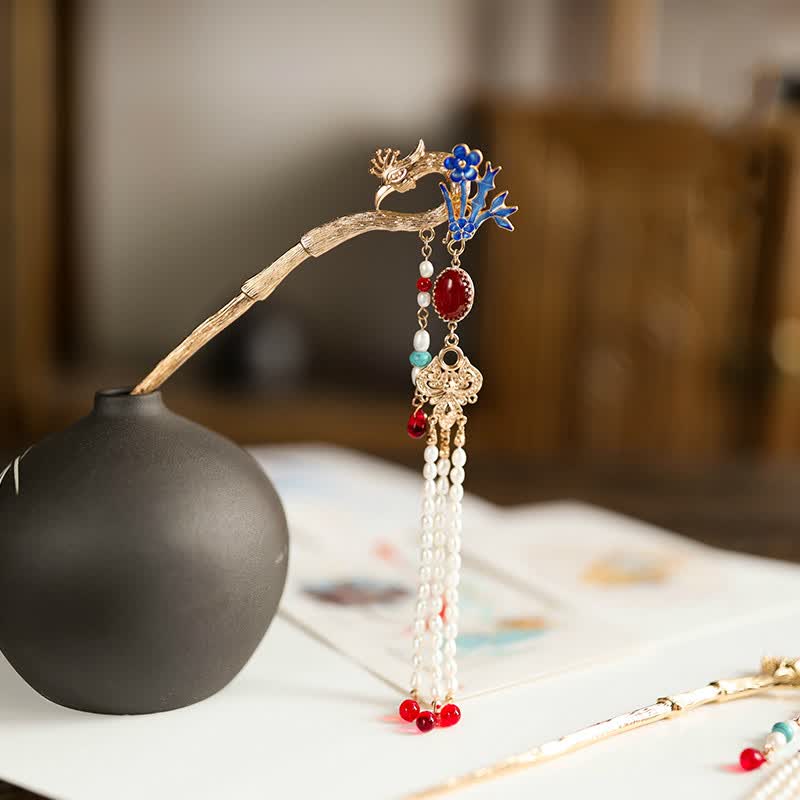 汉服发簪子简约古代盘发发钗女烧蓝步摇古风明制流苏凤九 凤九发簪