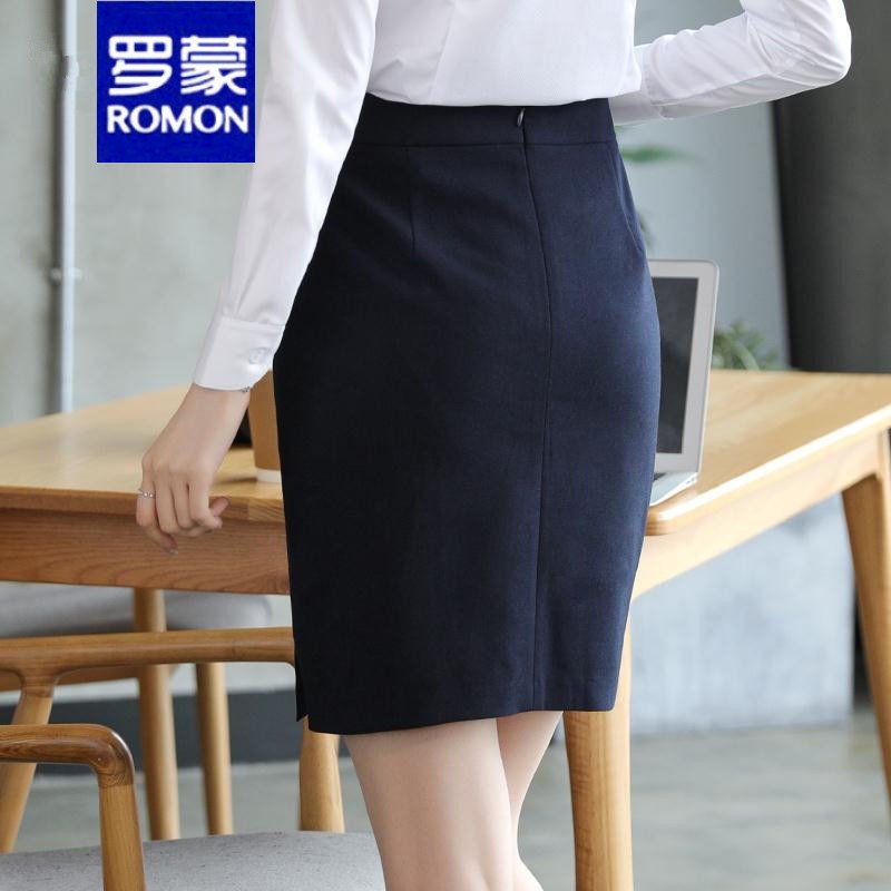 羅蒙（ROMON）品牌春秋職業(yè)裙包裙包臀半身裙一步裙工裝短裙西裙正裝裙西裝裙女 藏藍(lán)色后開叉夏款+高檔品牌 L 建議99-108斤+高檔品牌