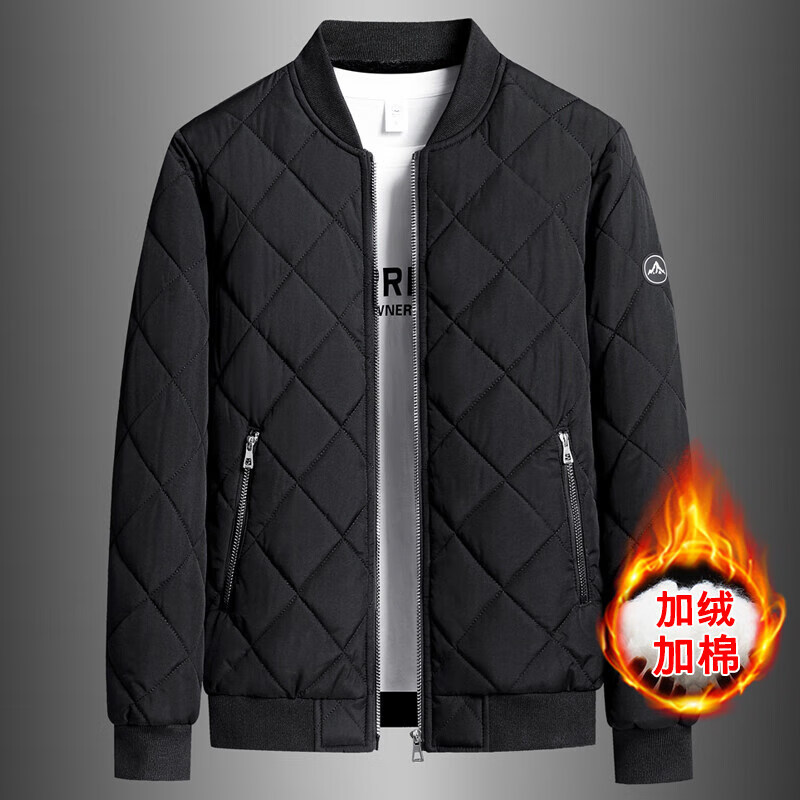 卡柏奇大码冬季新款棉服男休闲加绒加厚棒球服男装立领外套 黑色 M