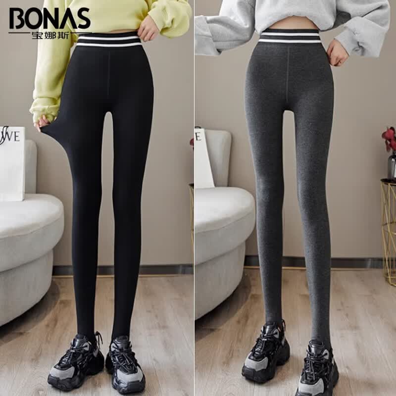 宝娜斯（BONAS）打底裤袜女连裤袜条纹棉质秋冬加绒加厚收腹瑜伽显瘦保暖一体裤 【2条装】黑色+深灰 均码【80-140斤/5-15°C】高性价比高么？