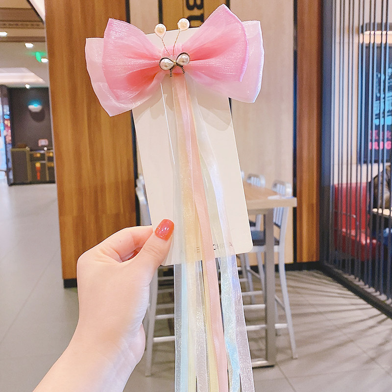 结发夹古风女童流苏飘带编发头饰公主宝宝顶夹发卡 粉色珍珠彩带发夹