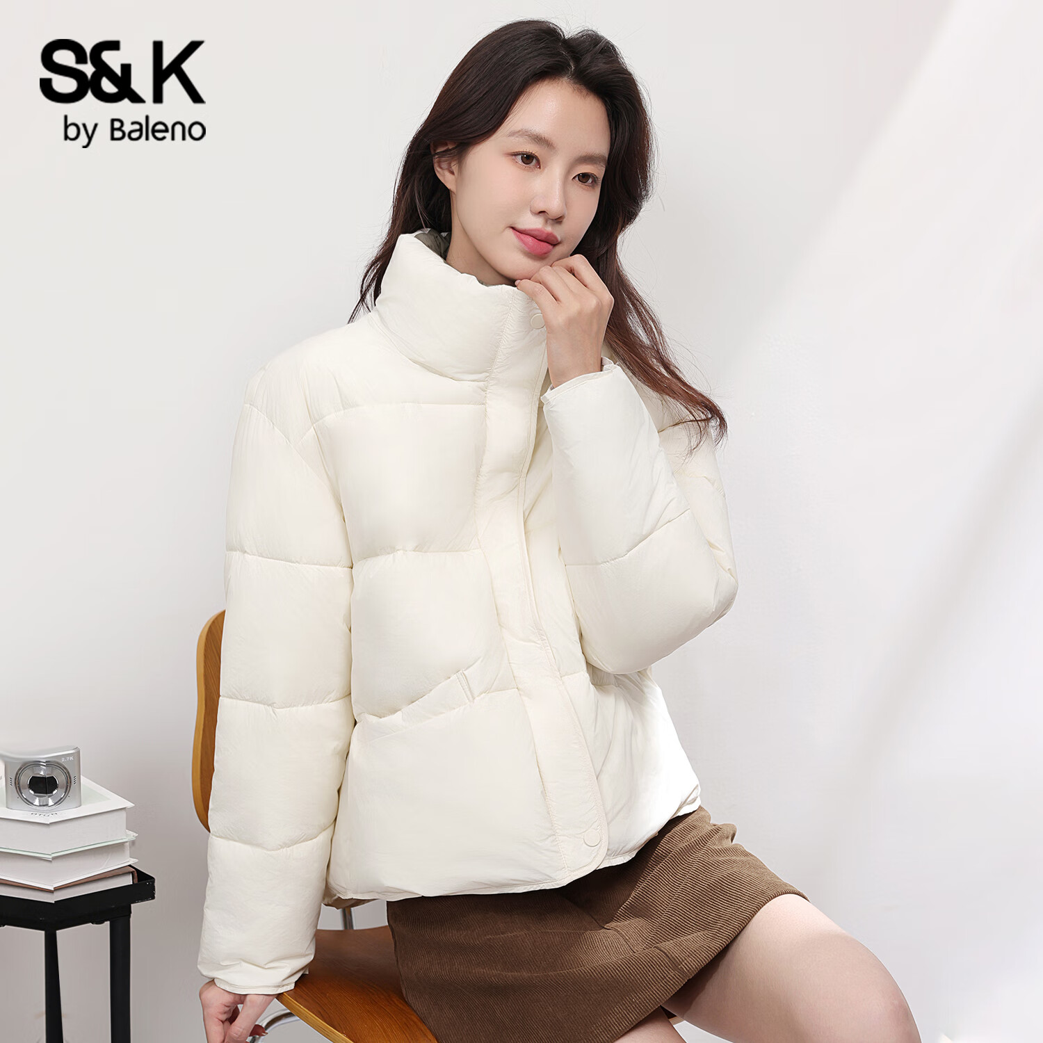 班尼路S&K系列棉服女装冬季新款面包服保暖加绒加厚上衣服棉袄短立领1.4 米白#纯色 【舒适保暖】 S