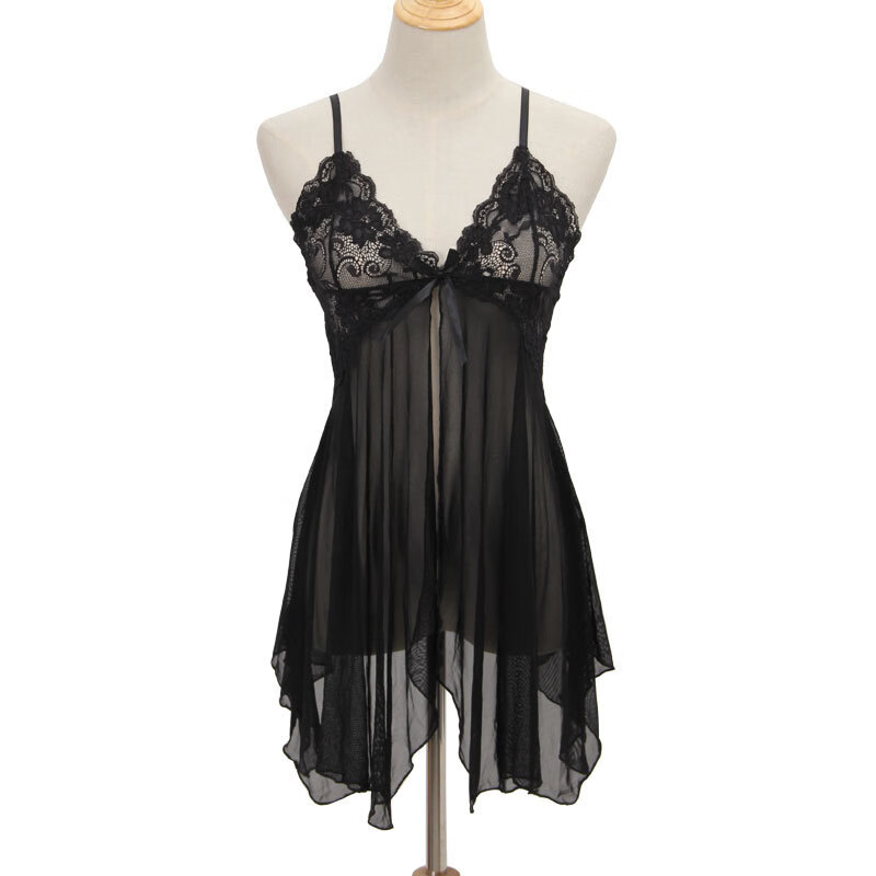 开襟欧美透视网纱清纯性感睡衣女士诱惑情趣睡裙吊带 黑 均码