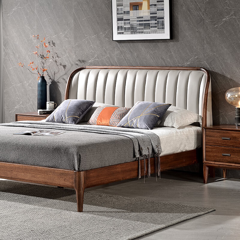 姚先森黑胡桃木实木床真皮软靠背意式简约主卧婚床轻奢原木1.