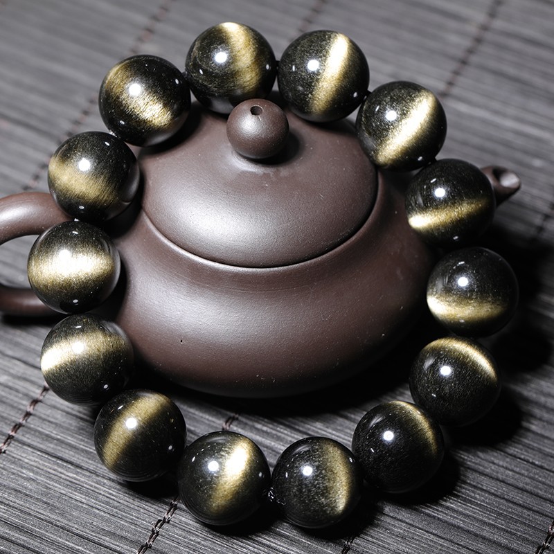 石玥珠宝 金猫眼黑曜石手链 金曜石手串男士 水晶玛瑙 16mm
