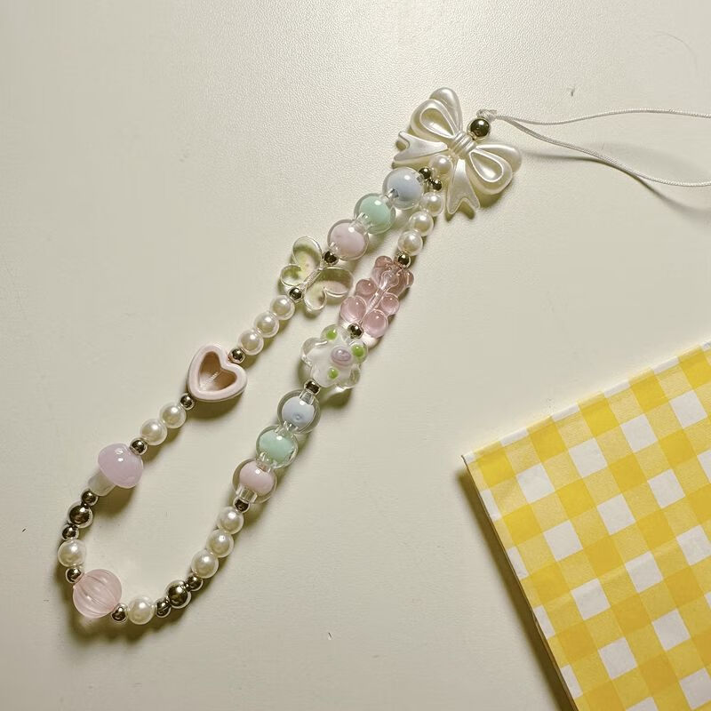 自制ins可爱小熊diy串珠手机链手机壳丢手机挂绳ccd装饰 粉色小熊