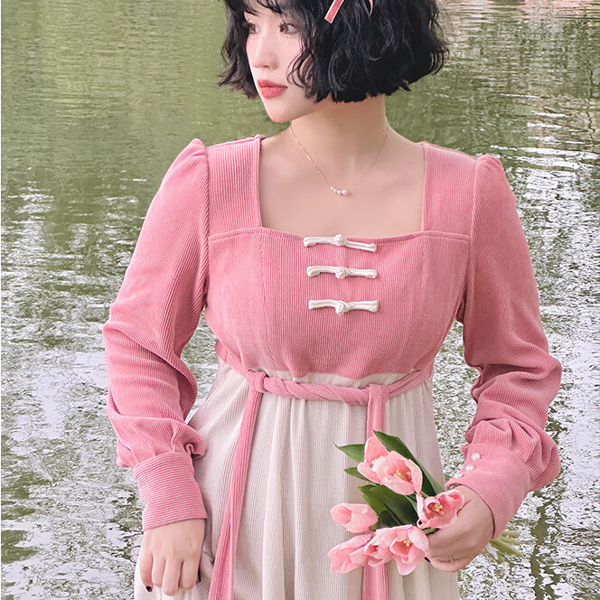 码女装秋季胖mm新款连衣裙微甜美粉杏撞色汉服气质显瘦复古连衣 粉色