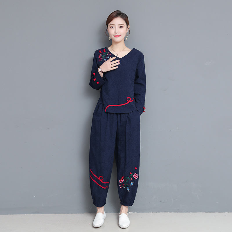 太極服運動套裝太極服女太極服裝中國風(fēng)復(fù)古棉麻太極服女練功服女 藏青色 XL