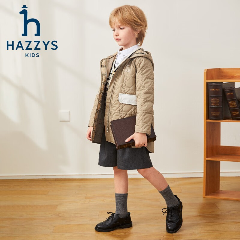哈吉斯(HAZZYS)品牌童装男女童棉服冬新品舒适柔软防风透湿弹力连帽棉服 奶油色 155
