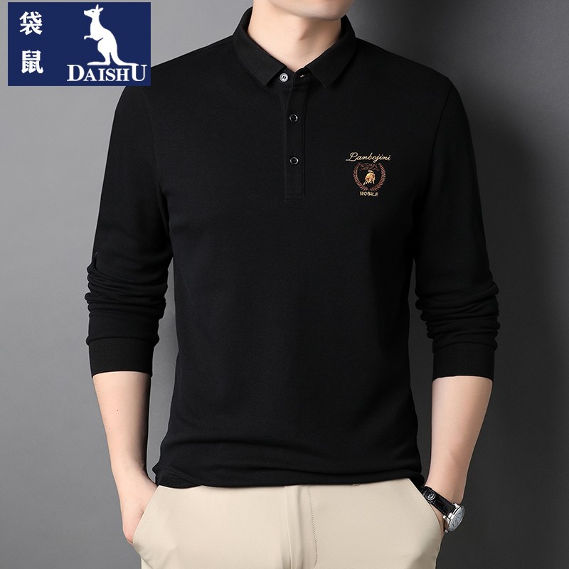 袋鼠品牌男士长袖t恤春秋季polo领纯棉商务休闲刺绣中年男装上衣