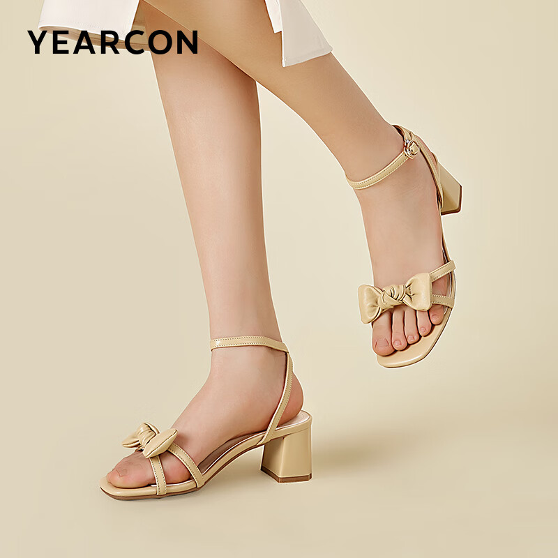 意尔康女鞋 凉鞋女夏季新款柔软舒适羊皮革粗跟通勤女凉鞋 黄色 35