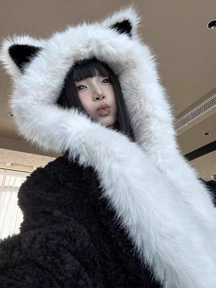 離境天狐貍耳朵帽子2024新款加厚防寒毛絨狐貍耳朵帽子圍巾女冬季保暖 狐貍帽白色 M(56-58cm)
