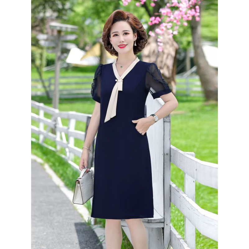 东方穗妈妈连衣裙春秋季短袖洋气显瘦遮肉中老年女装新款裙子40岁50岁