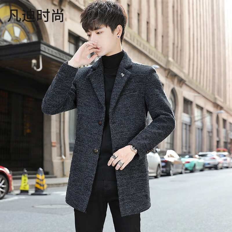 凡迪时尚男士加棉加厚呢子外套秋冬季休闲毛呢风衣青年韩版修身中长款