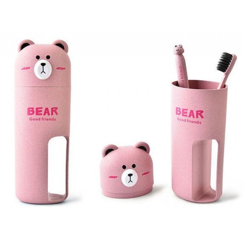 希维力可爱洗漱杯小孩卡通牙刷套装儿童便携牙膏收纳盒洗漱 粉色熊