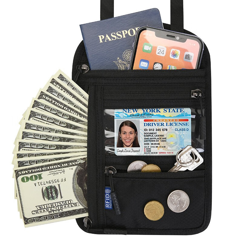 VANLEMN丹麦多功能挂脖护照包防盗刷收纳袋出国留学旅行大容量证件保护套 黑色