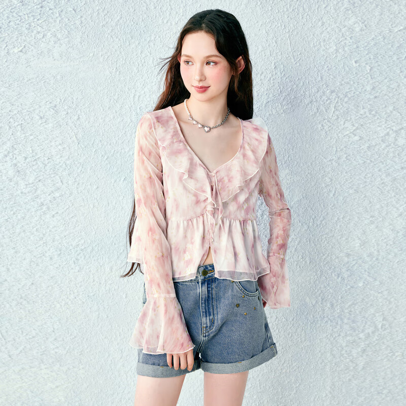 乐町甜美浪漫肌理感清透印花木耳边衬衫夏季新款V领显瘦衬衣 彩色印花(现货) S