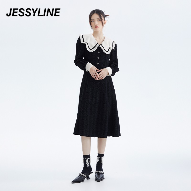 Jessy line秋季专柜款 杰茜莱娃娃领中长款连衣裙 232111066 黑色 L/170