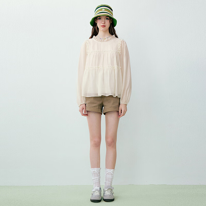 乐町甜美少女感小A摆设计雪纺衫夏季新款米黄内搭打底上衣 米黄（现货） S