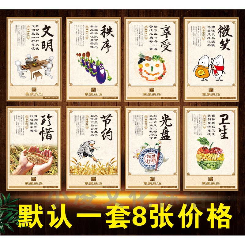 食堂墙面宣传画学校饭堂文化墙贴标语员工餐厅文明用餐墙画 一套30x40