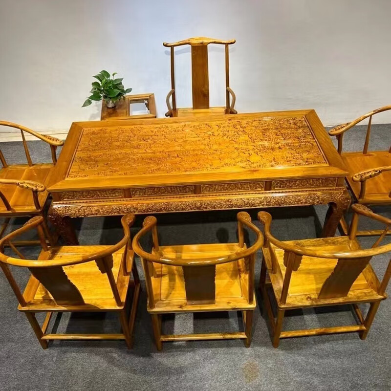 温朵金丝楠木小叶桢楠茶桌古典中式茶桌雕刻八件套高端大气