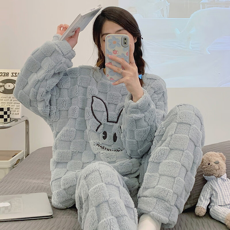 猫人少女感睡衣秋冬加绒加厚中华绒套头款可外穿家居服套装 QRQM-7818 M