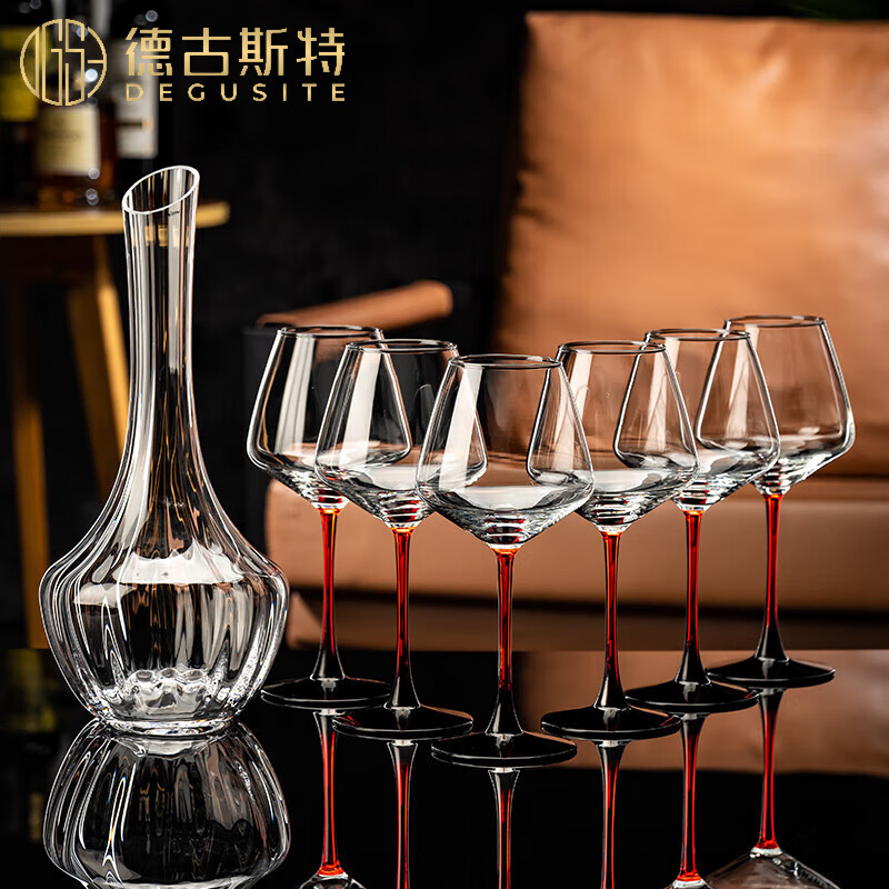 德古斯特輕奢高檔紅酒杯套裝家用帶杯架水晶醒酒器高腳葡萄酒杯子酒具送禮 （7件套）紅桿波紋套裝 450ml