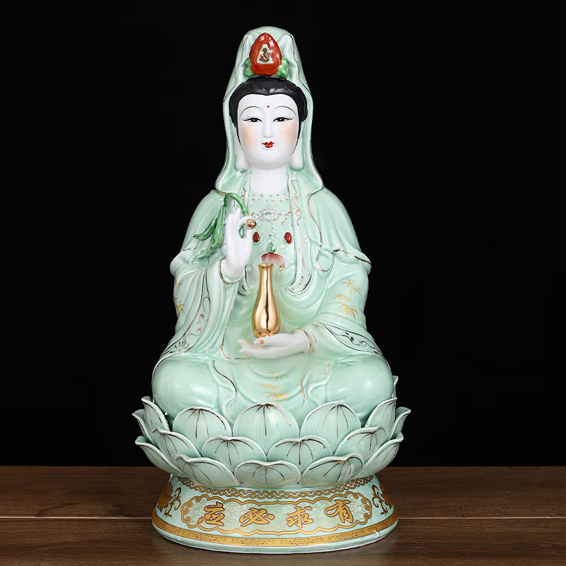 陶瓷南海绿衣观音菩萨佛像 供奉家用客厅摆件坐莲观世音 8寸高22厘米