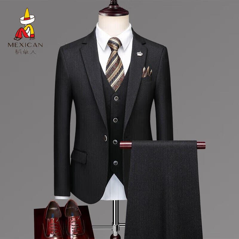 稻草人西服套装男士修身结婚礼服商务休闲职业正装条纹西装外套高档