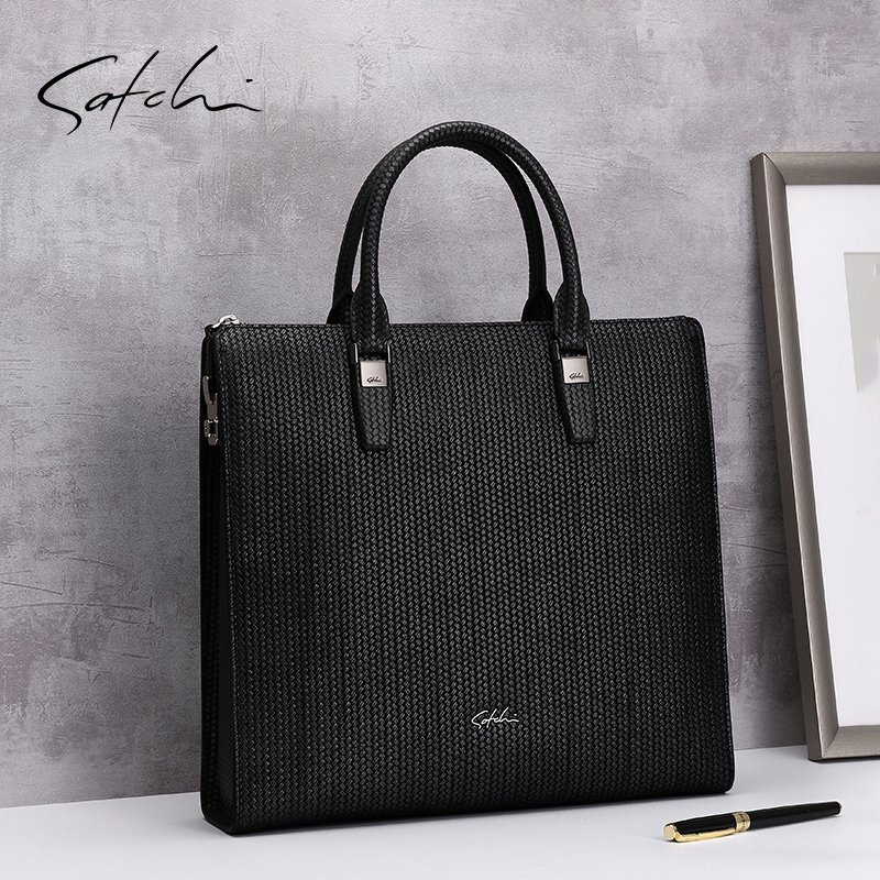 satchi沙驰男包商务休闲竖款真皮手提包2021新款编织大容量密码锁公文