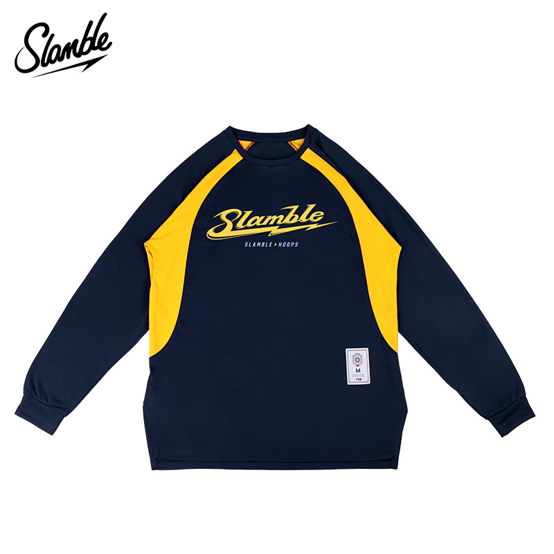SLAMBLE秋季新款运动拼色美式长袖t恤男投篮服速干透气跑步健身衣 藏青 XL