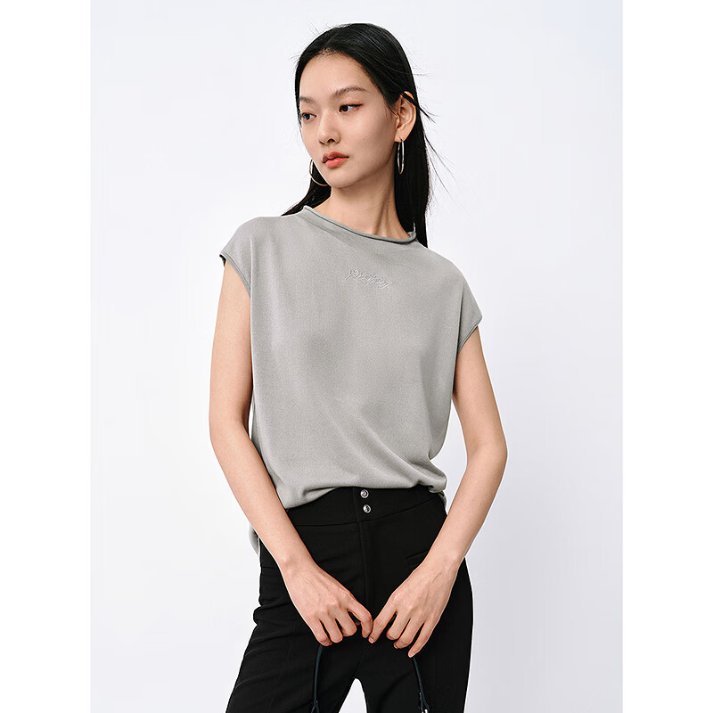 太平鸟高级灰莱赛尔短袖针织衫女2024夏装简约内搭打底上衣女 灰色 S