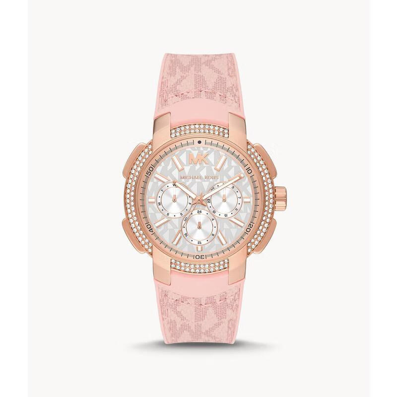 科尔斯(michael kors)女士手表 sidney 系列 双历三眼计时粉带炫彩镶