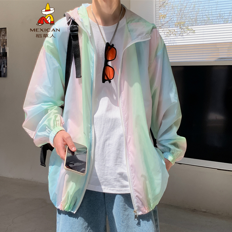稻草人夏季薄款男士外套情侣宽松大码透气七彩衣连帽户外开衫运动夹克 七彩色 F3050 M