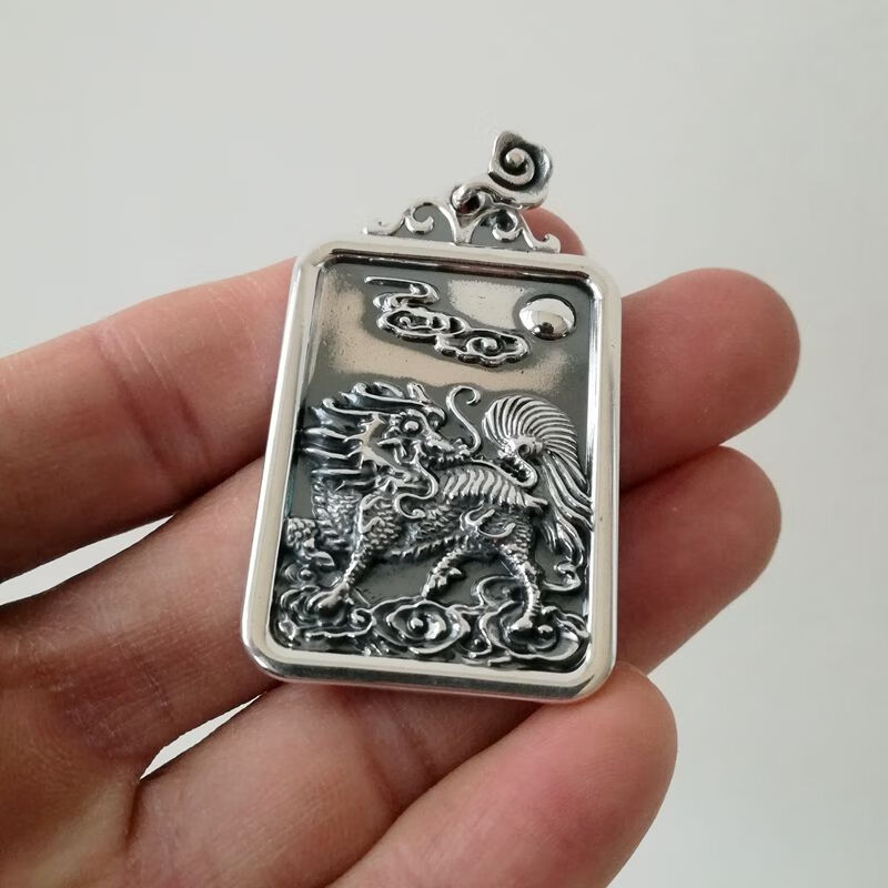 银男士实心银牌吊坠财神赵公明赵子龙麒麟银项链 麒麟吊坠配证书挂绳