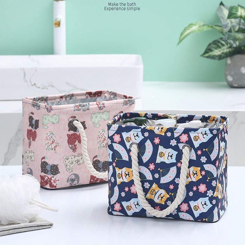 米德恩 洗澡篮女浴室沐浴框便携浴兜男手提淋浴篮子折叠大容量沥水洗漱包 简约格纹米色(加厚防水)款带浴球