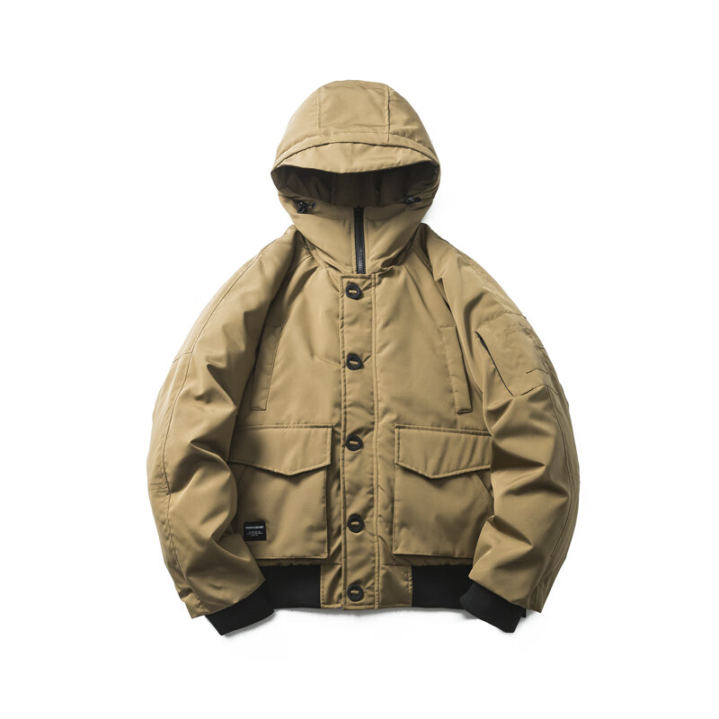 型曼日系飞行夹克羽绒服男冬季新款加厚保暖连帽羽绒外套 新国标90绒 卡其色 M