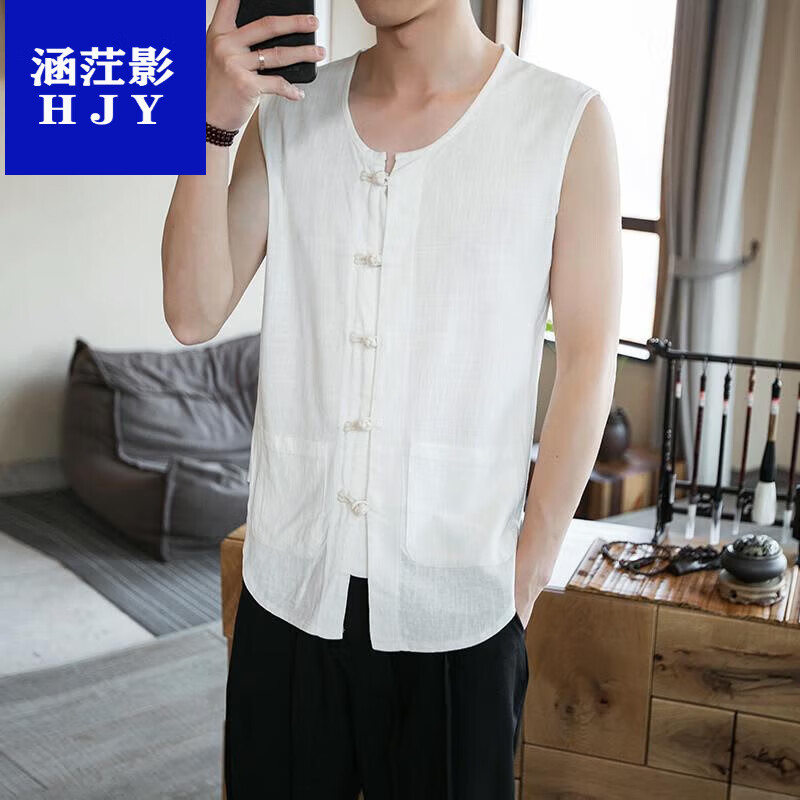 涵茳影2023新款亚麻唐装汉服马褂国风背心男夏无袖坎肩盘扣太极练功武术 白色 5XL属于什么档次？