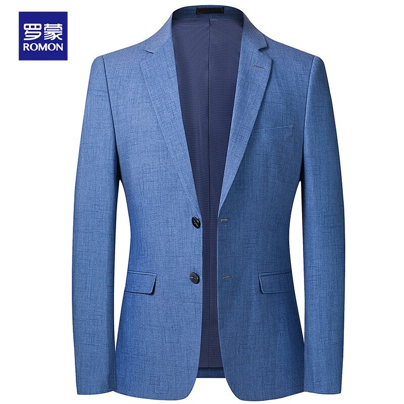 罗蒙 西服男修身春秋款商务青年弹力小西服休闲男士单西外套夹克正装职业装上衣西装结婚礼服 蓝格 180/XL