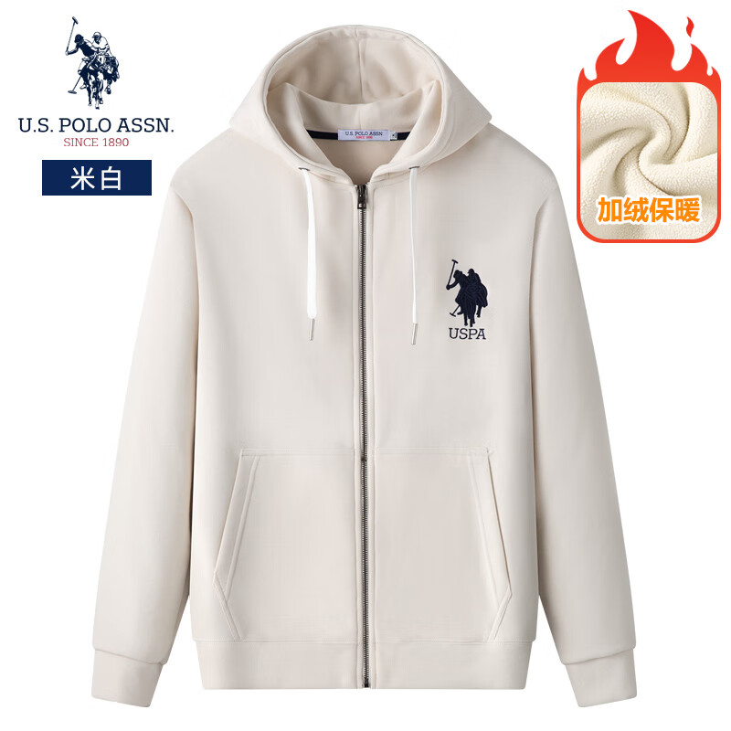 U.S. POLO ASSN.保罗卫衣男秋冬开衫连帽外套情侣款保暖长袖T恤上衣 米白（加绒款） M 165（105-120斤左右）