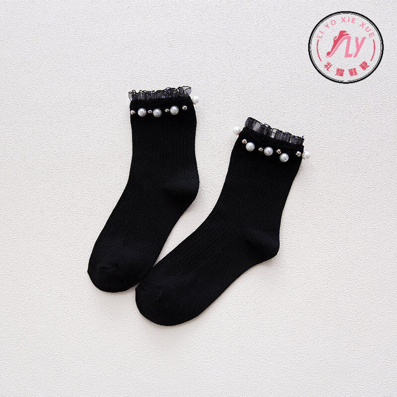京蝌蝌蕾丝花边袜女中筒袜子ins甜美百搭网红袜珍珠黑色女士袜 黑色