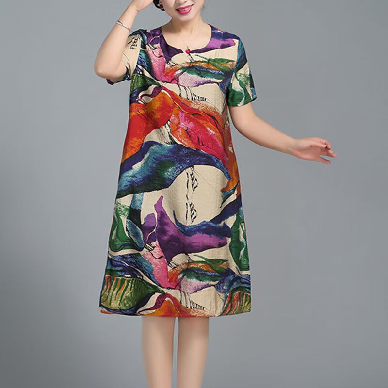 婵栩棉绸连衣裙中年妇女矮个子莲衣群大号新款杭州妈妈装大码遮肚连衣