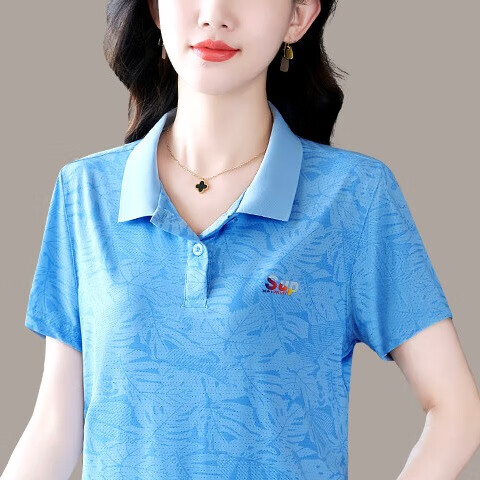 语缦翻领短袖t恤女冰丝时尚洋气夏季新款中年妈上衣女士休闲T恤polo衫 23343灰蓝 5XL 体重150-160斤