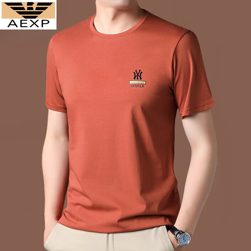 AEXP阿玛EA7XP尼旗下夏季新款丝光棉短袖t恤男薄款半袖体恤打底衫 桔红 185/3XL 建议170-180斤