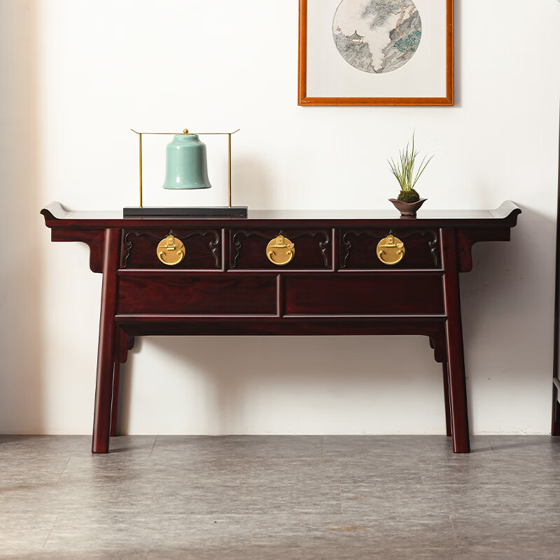 染料紫檀)三联橱明清古典餐边柜翘头储物柜家用 明式翘头三联橱 长168