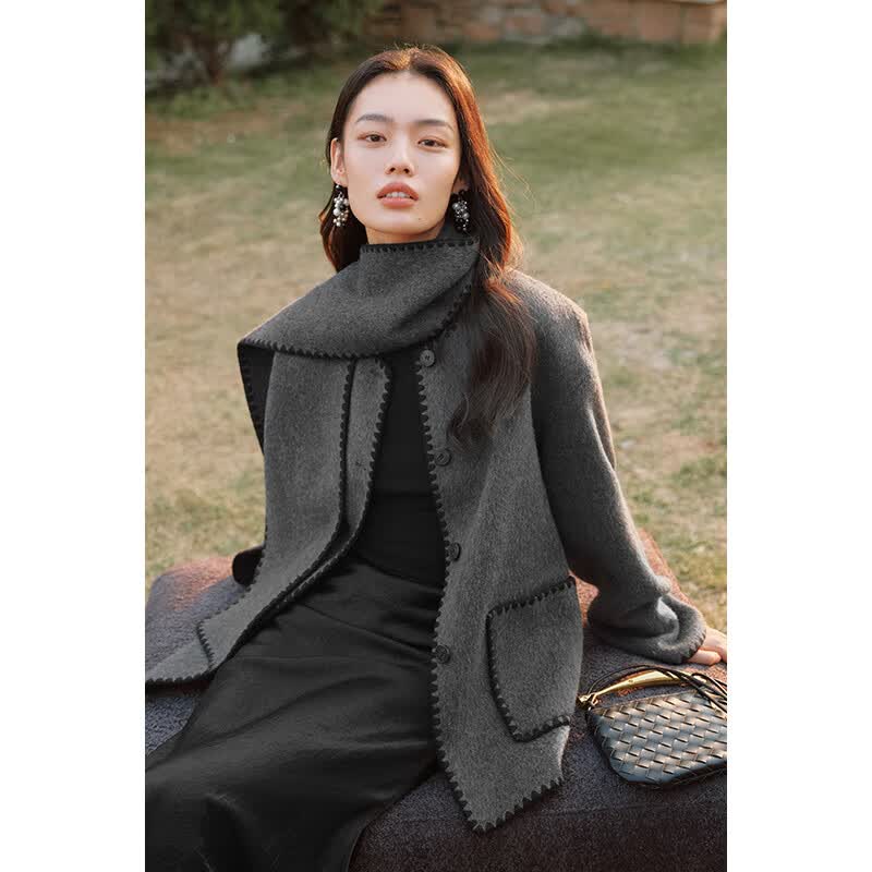伊芙丽可脱卸围巾领精致短款兔毛羊绒双面呢大衣女2023秋装呢外套 花灰预售[11月20日发] 155/80A/S怎么样,好用不?