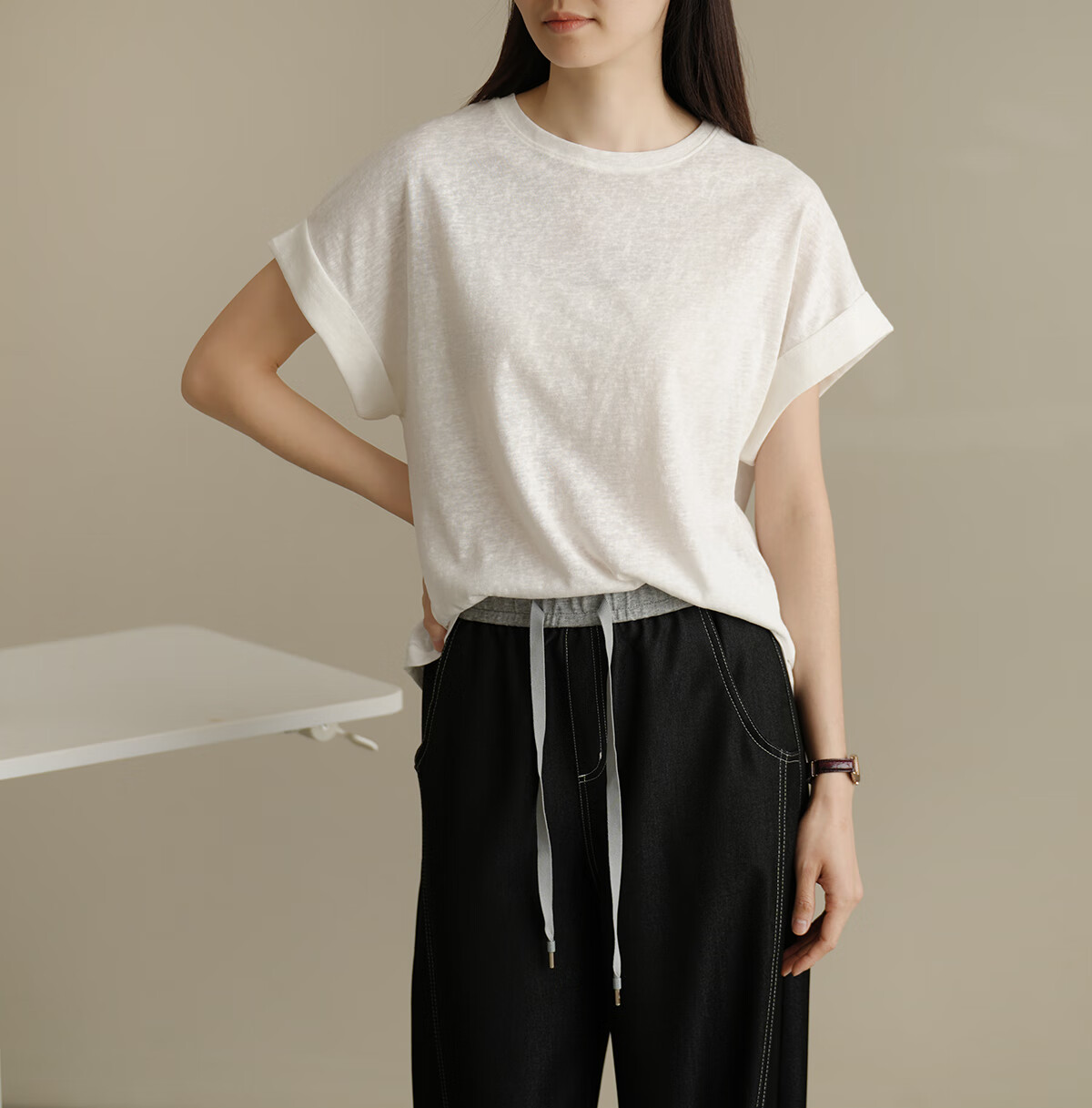 鸽白梨子麻布衣服女棉麻短袖女士薄款飞机袖t恤简约色挽边透气上衣夏