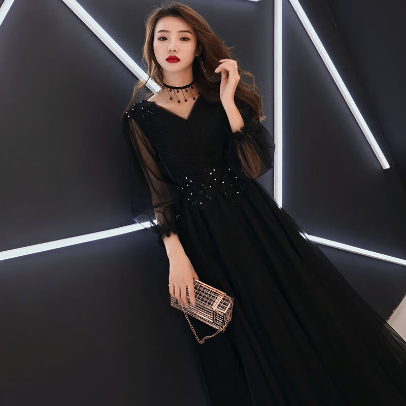 rvjp 艺考礼服音乐生 宴会晚礼服女黑色长款2022新款时尚优雅简单大方